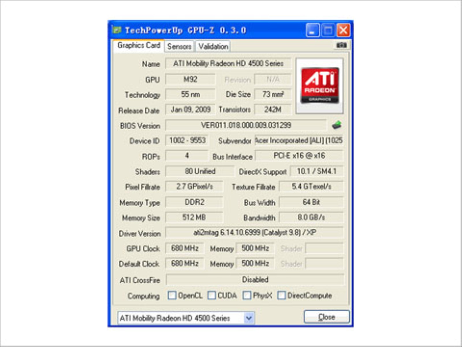 ATI HD4570 GPUz